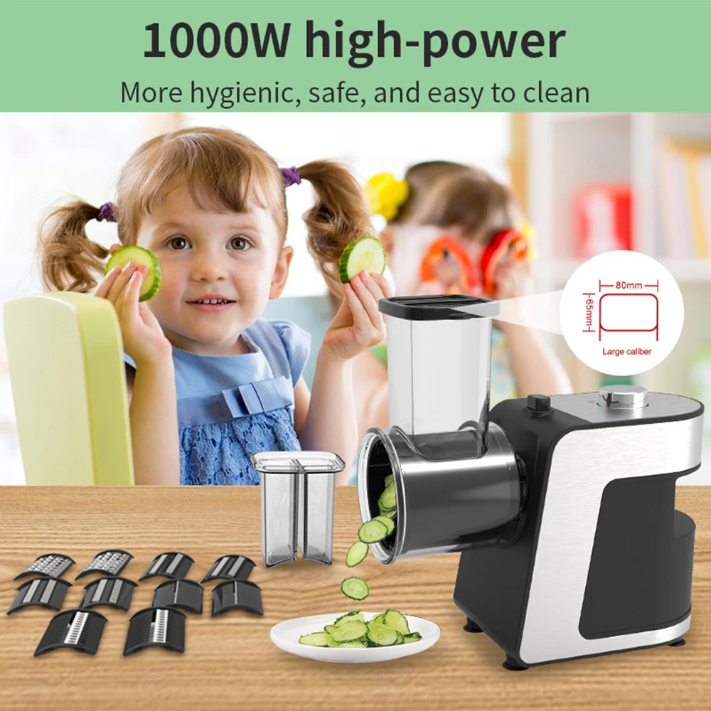 Professional title: "1000W Electric Vegetable Cutter with 5 Stainless Steel Blades - Multifunctional Slicer for Potatoes, Cucumbers, Carrots, and More - 220V Food Processor"